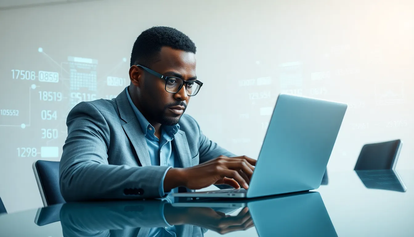 professional analyzing data on a laptop in a modern office.